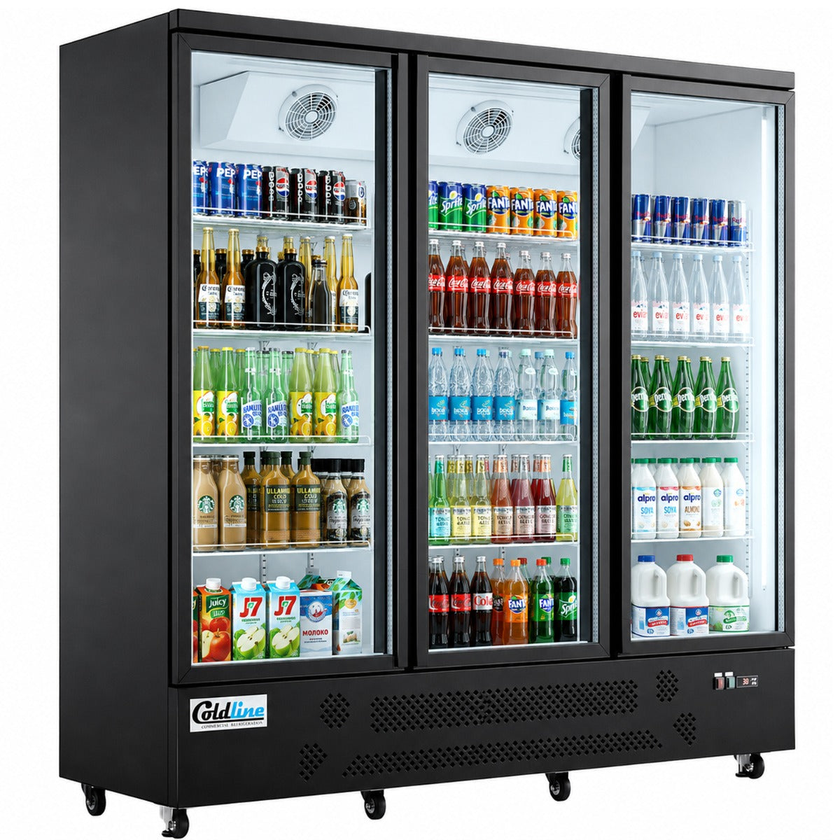 Coldline G3-B 74" Three Glass Door Merchandiser Refrigerator with LED Lighting, Black