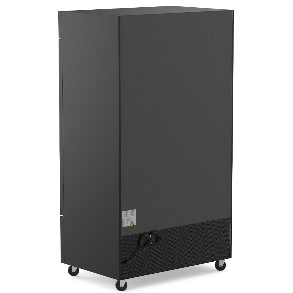 Coldline D48-B black glass door merchandiser freezer, rear angled view