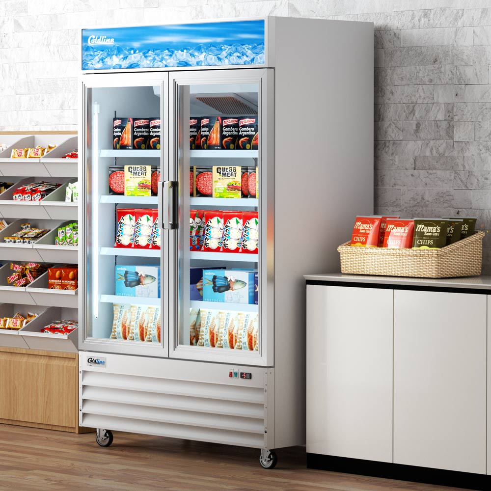 Coldline D53-W white glass door merchandiser freezer, stocked in a store (representative image)