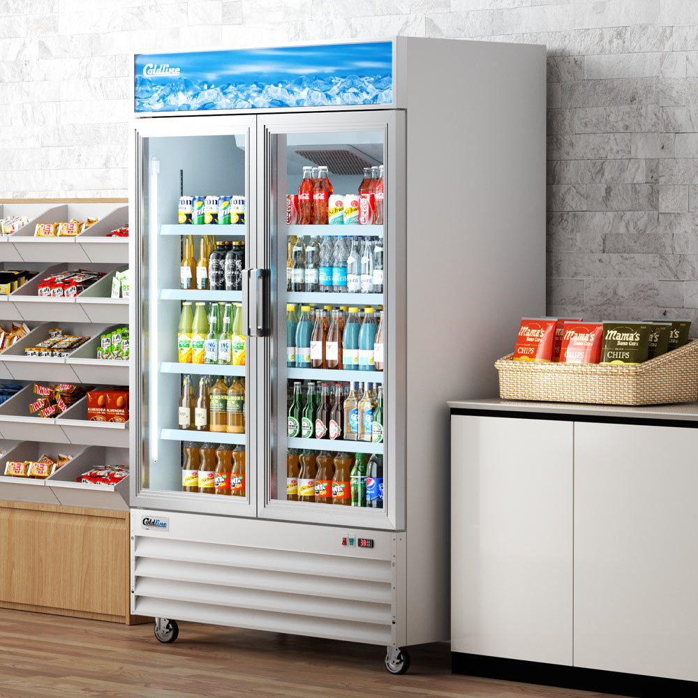 Coldline G53-W white glass door merchandiser refrigerator, stocked with drinks in a store (representative image)