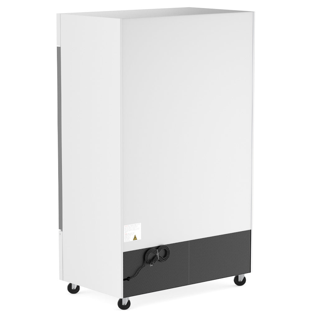 Coldline D53-W white glass door merchandiser freezer, rear angled view