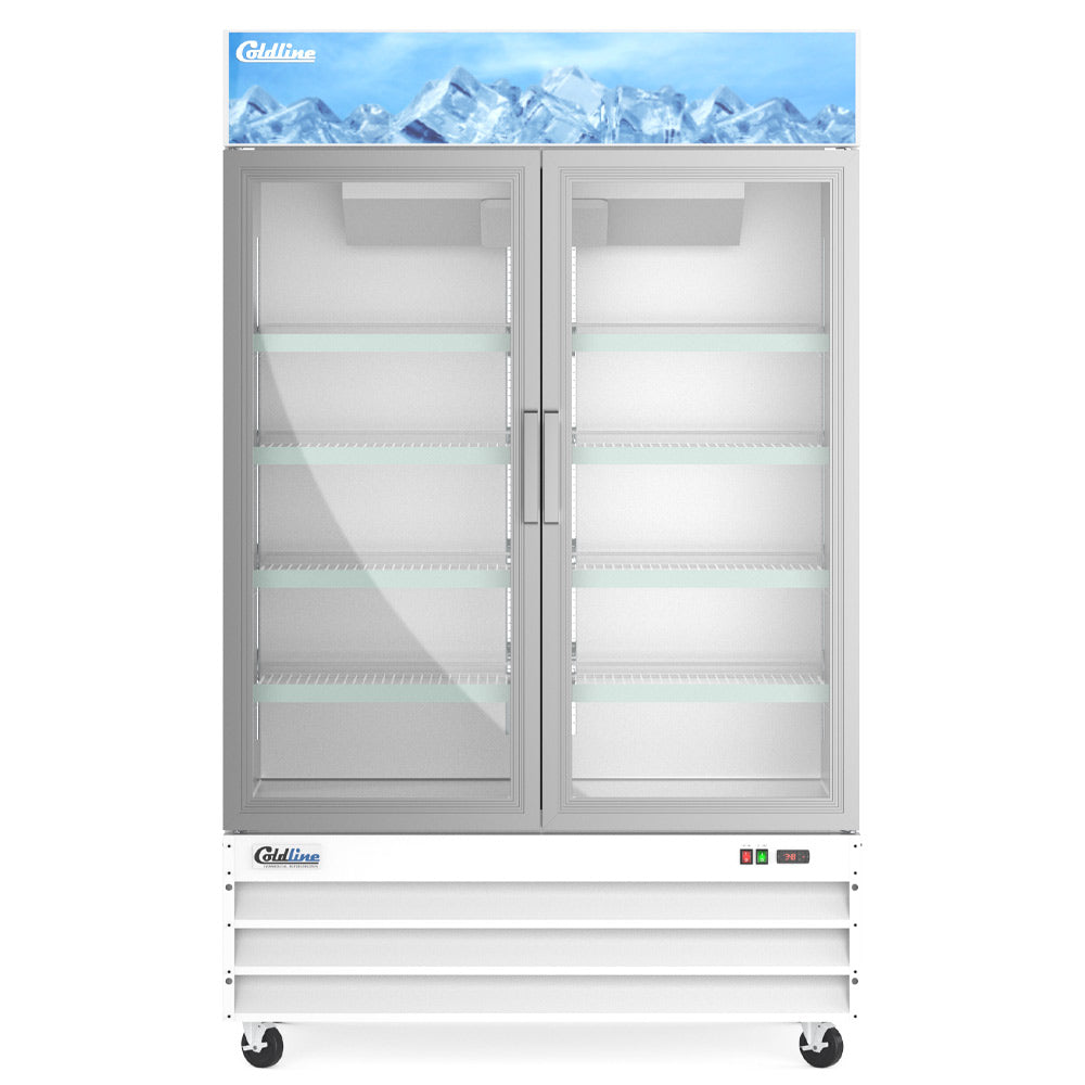 Coldline D53-W white glass door merchandiser freezer, front view, empty