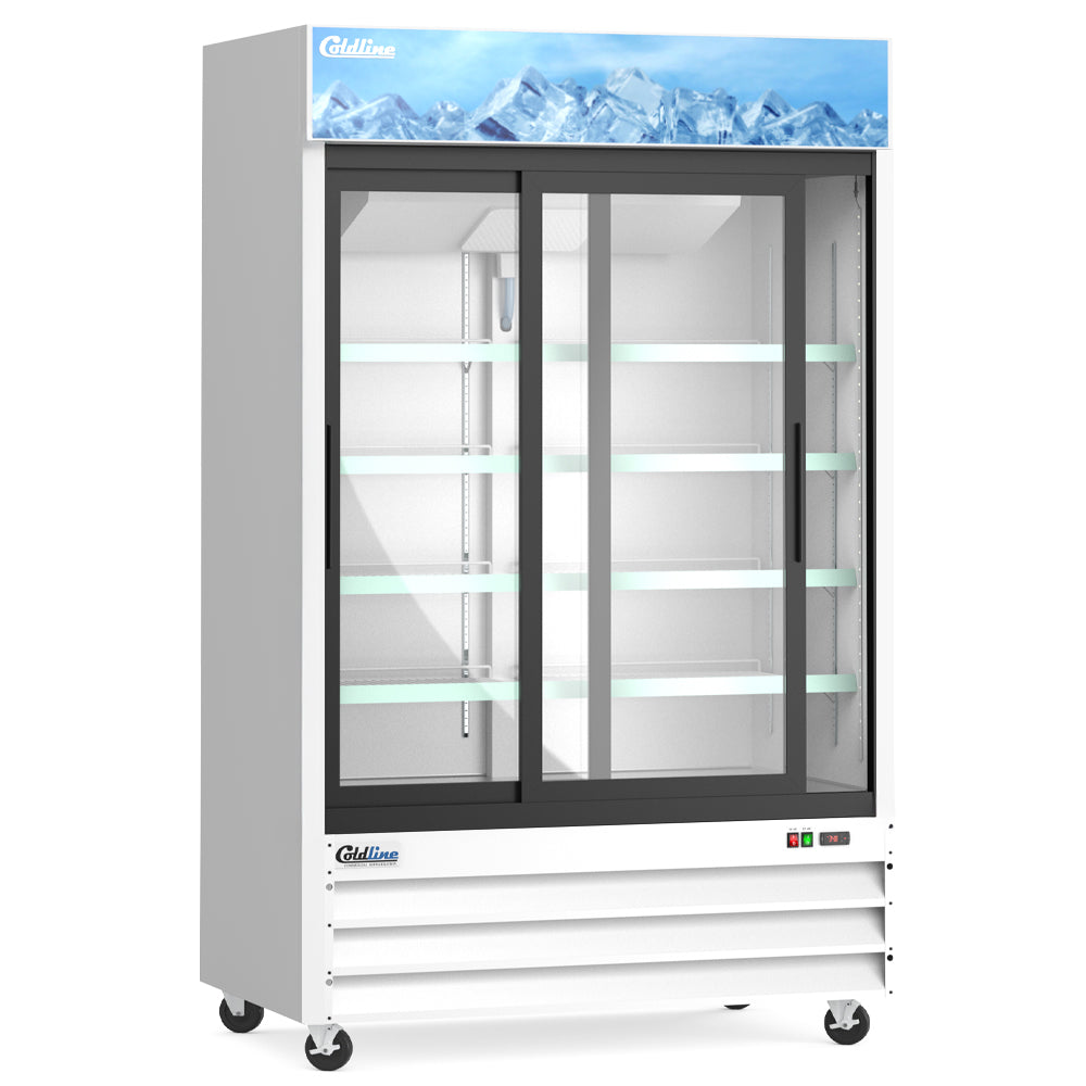 Coldline G53S-W 53" Double Glass Sliding Door Merchandiser Refrigerator with LED Lighting, White