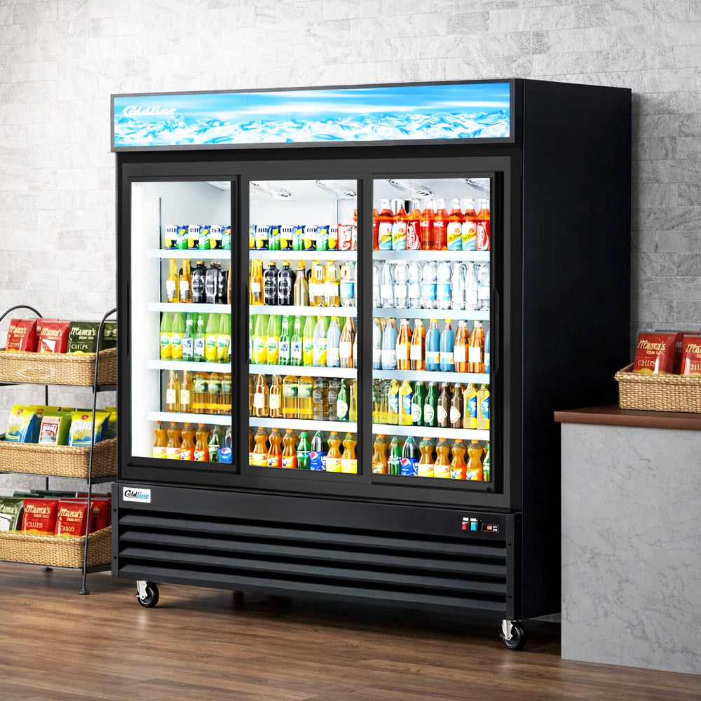 Coldline G80S-B 78" Three Glass Sliding Door Merchandiser Refrigerator with LED Lighting, Black