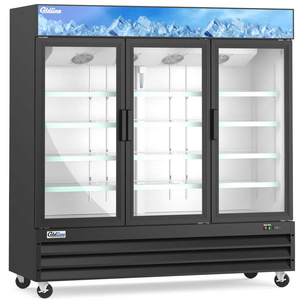 Coldline D80-B black glass door merchandiser freezer, angled front view, empty, lights on
