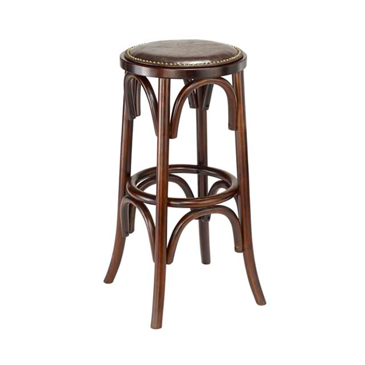 G & A 188PSNH Cross Back Barstool, 30"H, Backless, Upholstered Padded Seat with Nail Trim, Oak Bentwood Frame, Footrest