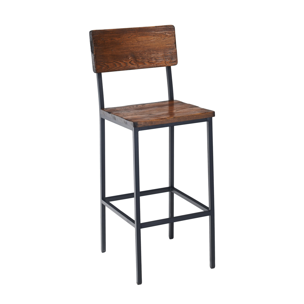 G & A 640-RS Toledo Barstool with Reclaimed Wood Back and Seat, 18 Gauge Steel Frame, Black Finish, Footrest, Non-Marring Floor Glides