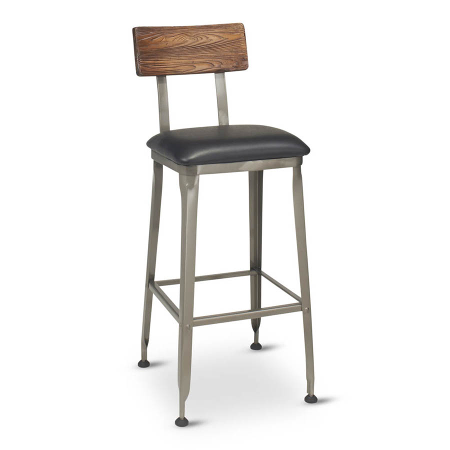 G & A 645-PS Hudson Barstool, Reclaimed Wood Back, Upholstered Padded Seat, Walnut Wood Finish, Fully Welded Steel Frame