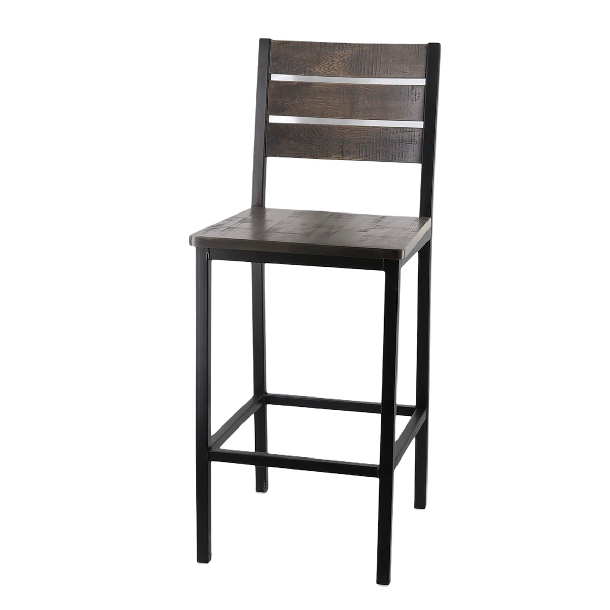 G & A 649 Bar Stool - Wood Back & Seat, Grey, Black Finish, 18-Gauge Steel Frame, Armless, Slat Back, Footrest