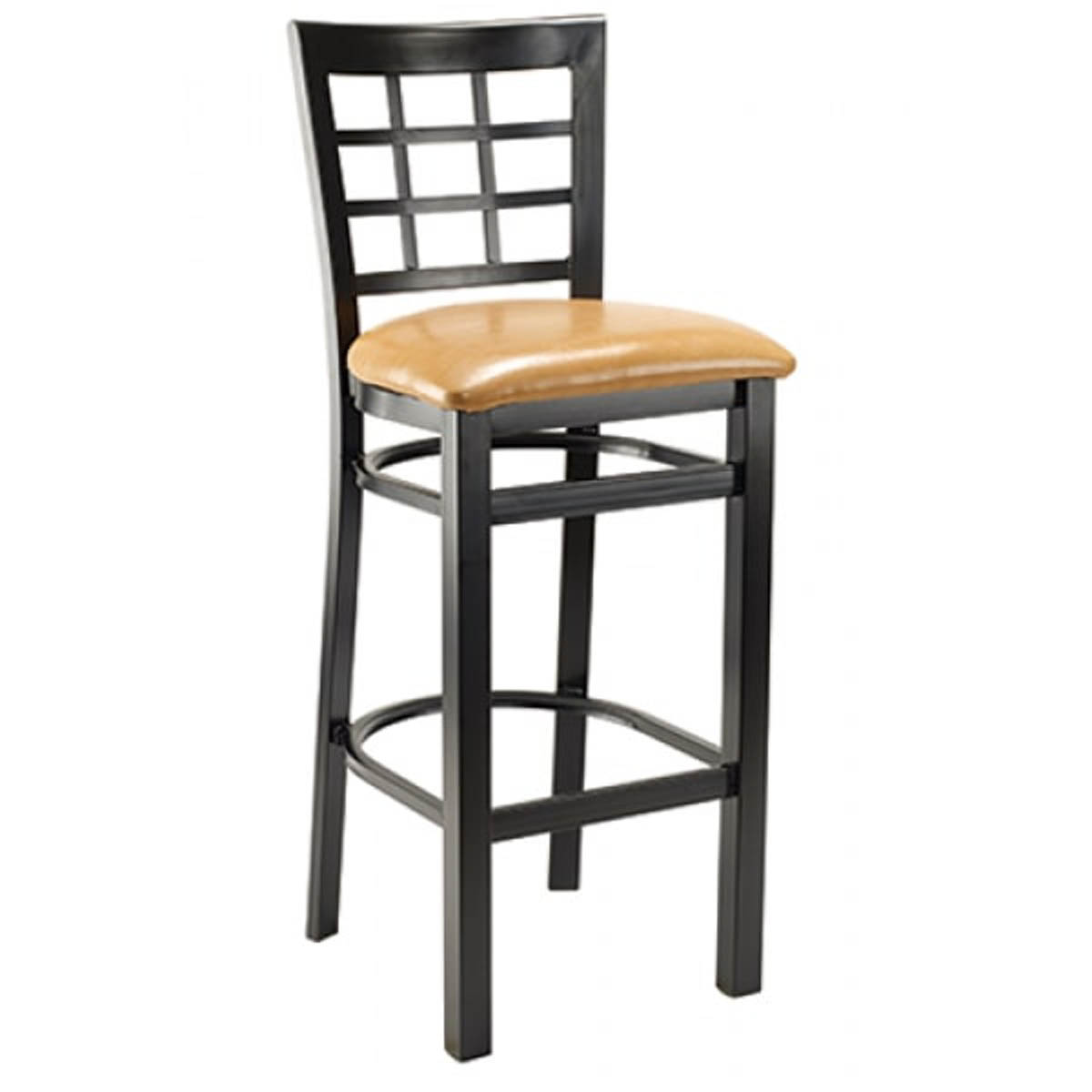 G & A 650-B PS Windsor Barstool, Grid Back, Upholstered Padded Seat, 18 Gauge 1-1/4" Steel Frame, Black Finish, Armless, Footrest