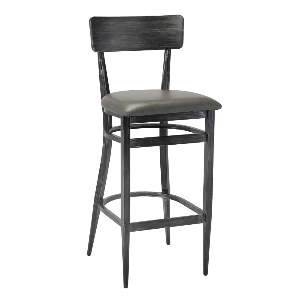 G & A 670 Brushed Distressed Gray Bar Stool, Upholstered Padded Seat, Steel Frame, Footrest, Non-Marring Glides