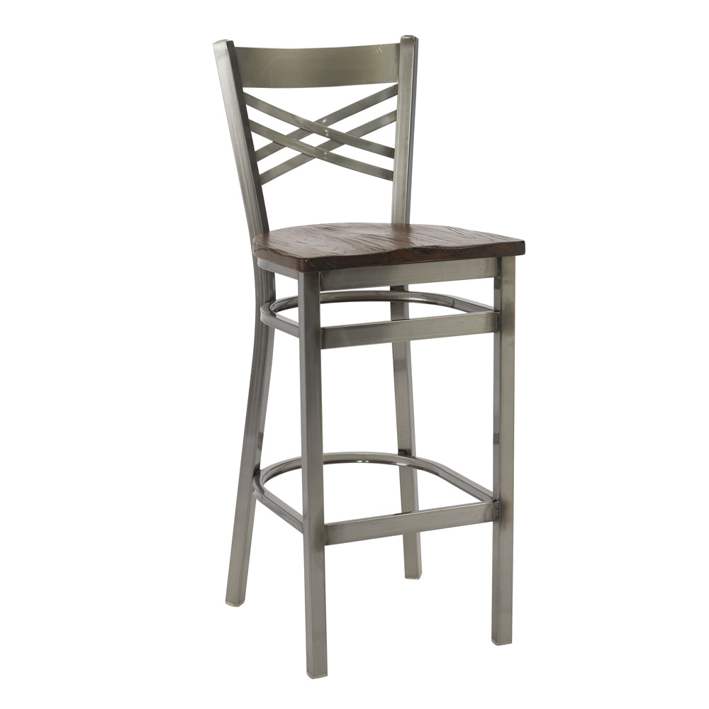 G & A 699-D RS Barstool, Double X-Back, Reclaimed Wood Seat, 18 Gauge Steel Frame, Distressed Clear Finish, Footrest, Armless, Vinyl