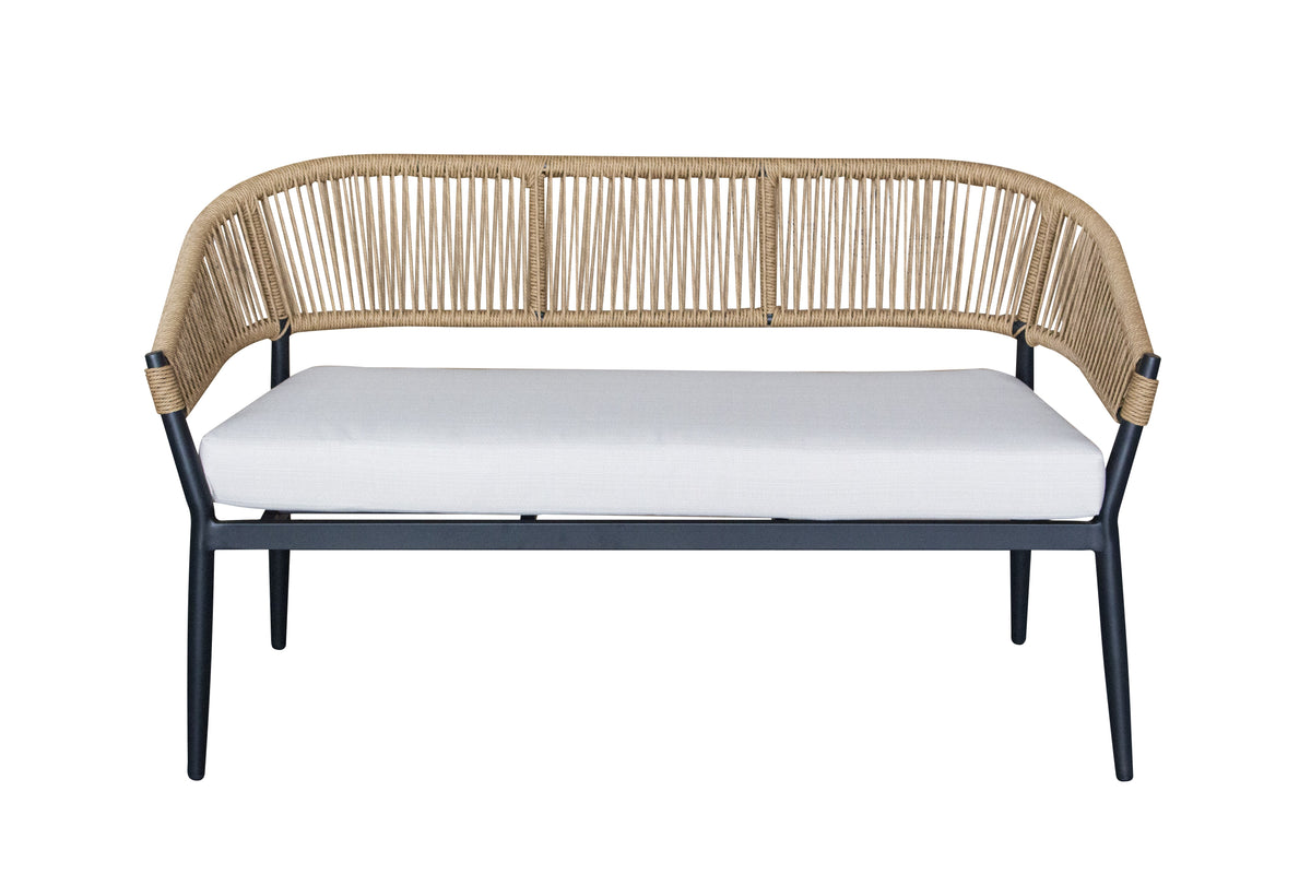 G & A 854 Costa Bench, Black Aluminum Frame, Woven Synthetic Rope, 49-60" Wide, Stacking, Footrest
