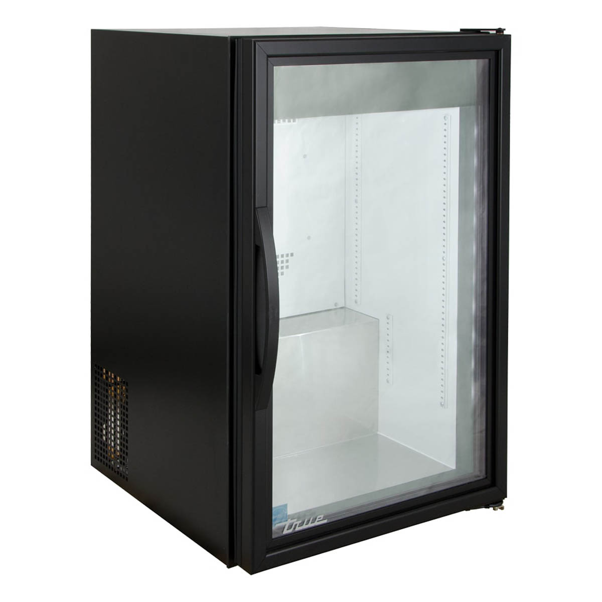True GDM-07F-HC~TSL01 glass door freezer, black exterior, front angle view, empty