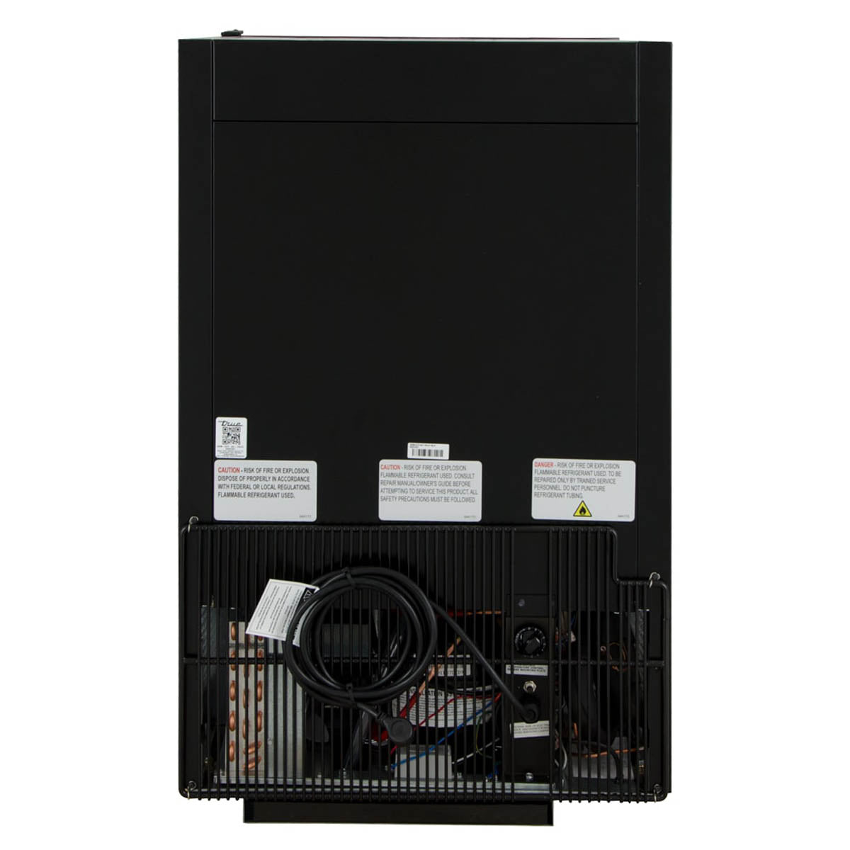 True GDM-07F-HC~TSL01 glass door freezer, black exterior, back view showing the condensing unit