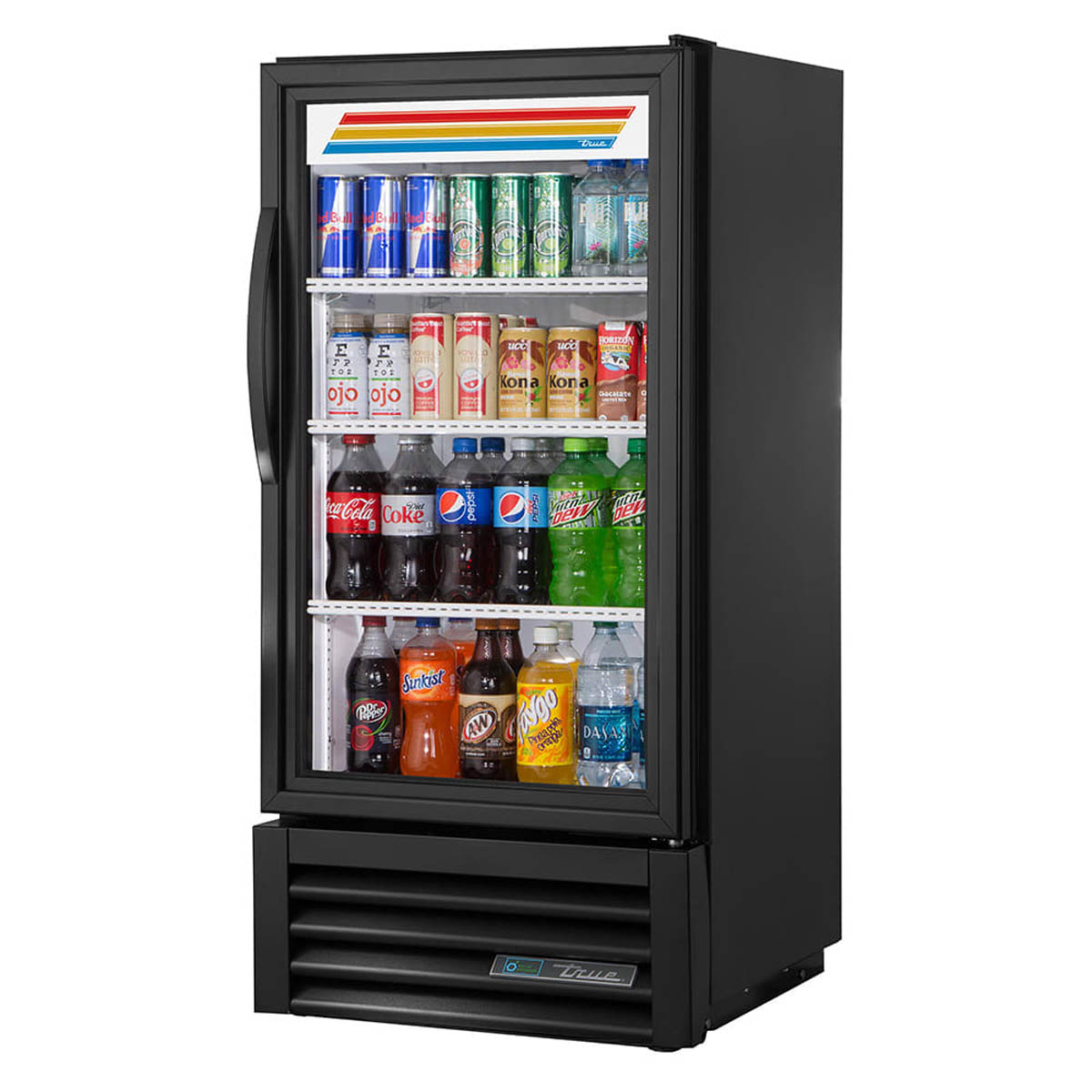 True GDM-08-HC~TSL01 glass door merchandiser, front angle view, stocked with drinks