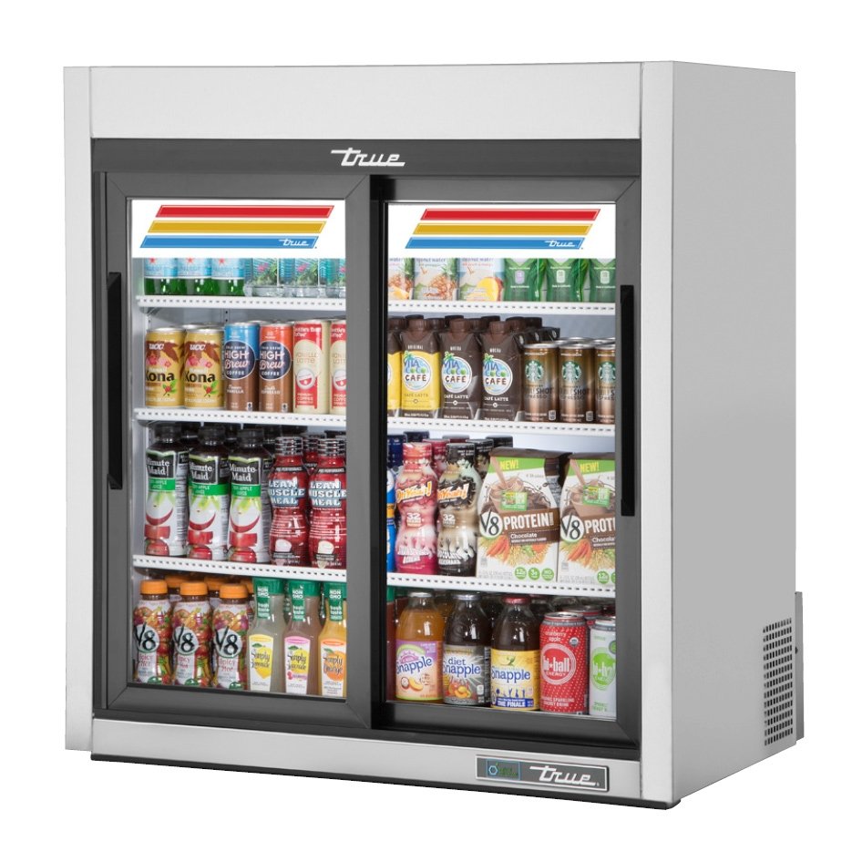 True GDM-09-SQ-S-HC-LD 2-door countertop glass door merchandiser, stainless steel exterior, front angle view, stocked with product
