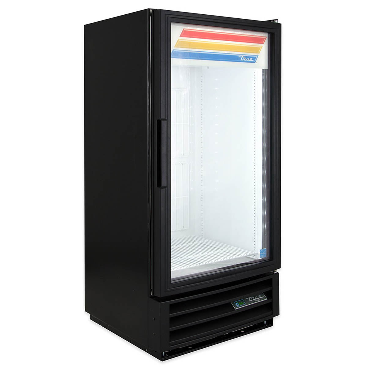 True GDM-10F-HC~TSL01 glass door freezer, front angle view, empty