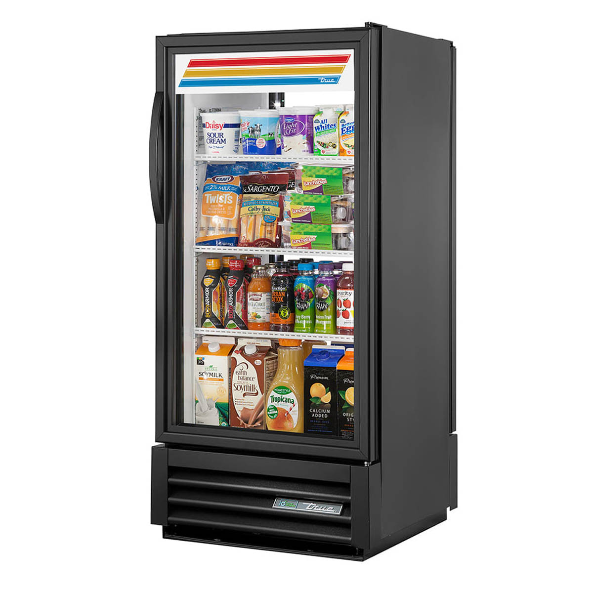 True GDM-10PT-HC~TSL01 glass door merchandiser, front angle view, stocked with product