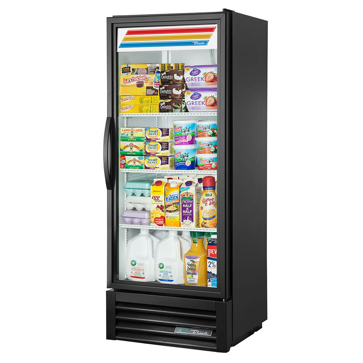 True GDM-12-HC~TSL01 glass door merchandiser, black exterior, front view, stocked with product