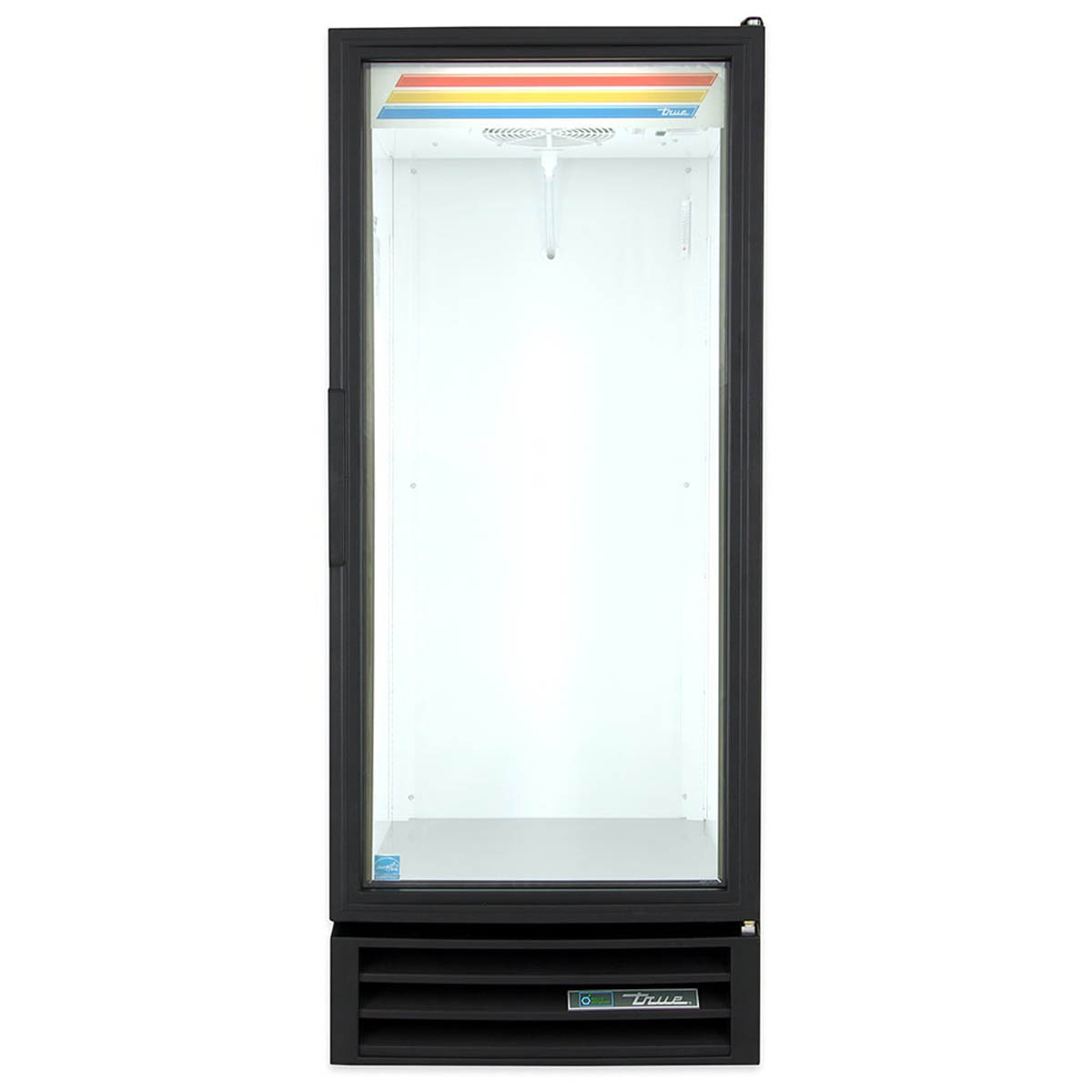 True GDM-12-HC~TSL01 glass door merchandiser, black exterior, front view, empty