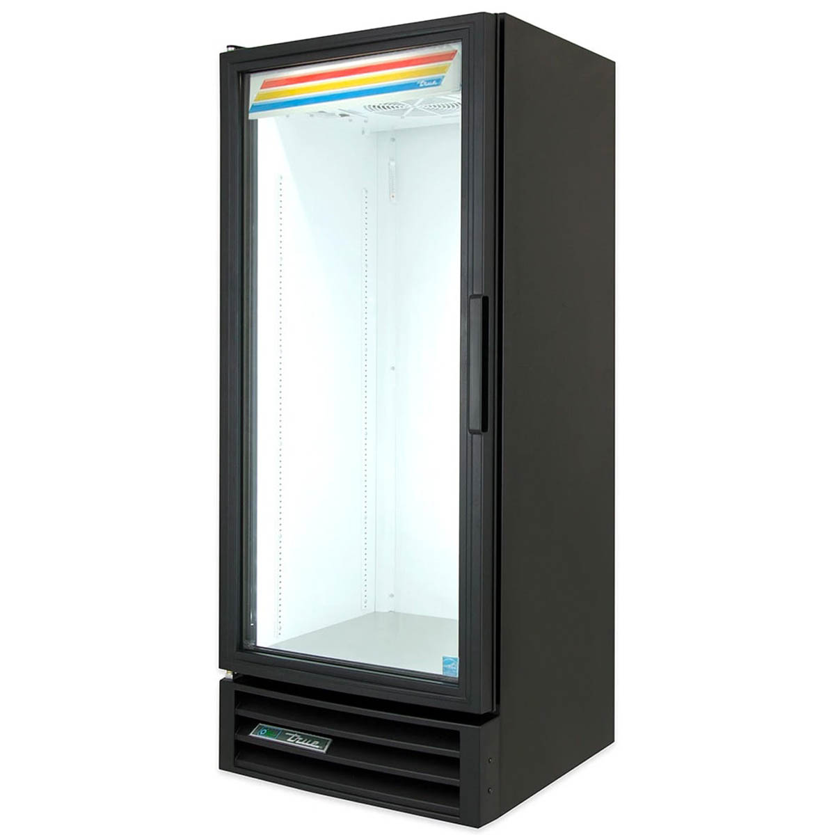 True GDM-12-HC~TSL01 glass door merchandiser, black exterior, front angle view, empty