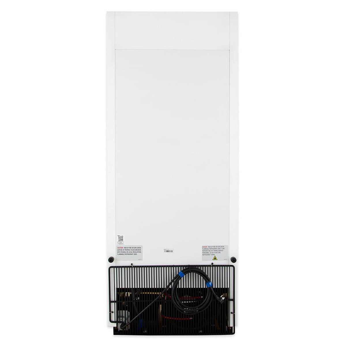 True GDM-12-HC~TSL01 glass door merchandiser, white exterior, back view showing the condensing unit