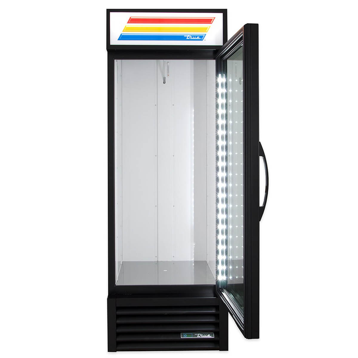 True GDM-23-HC~TSL01 glass door merchandiser, black exterior, door open