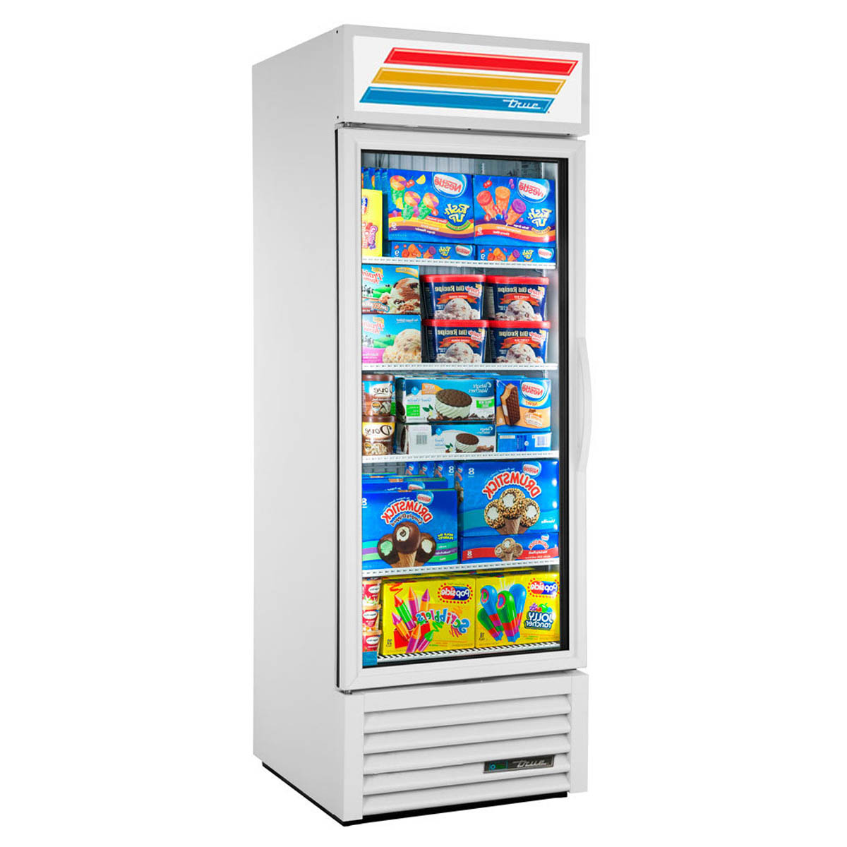 True GDM-23F-HC~TSL01 glass door freezer, white exterior, front angle view, stocked with frozen food