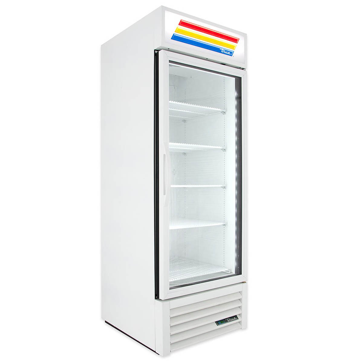 True GDM-23F-HC~TSL01 glass door freezer, white exterior, front angle view, empty