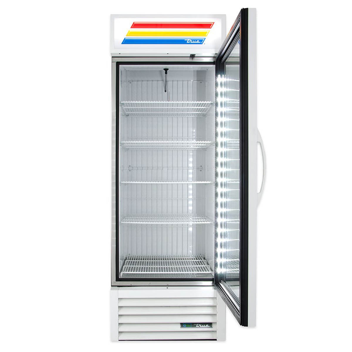 True GDM-23F-HC~TSL01 glass door freezer, white exterior, door open