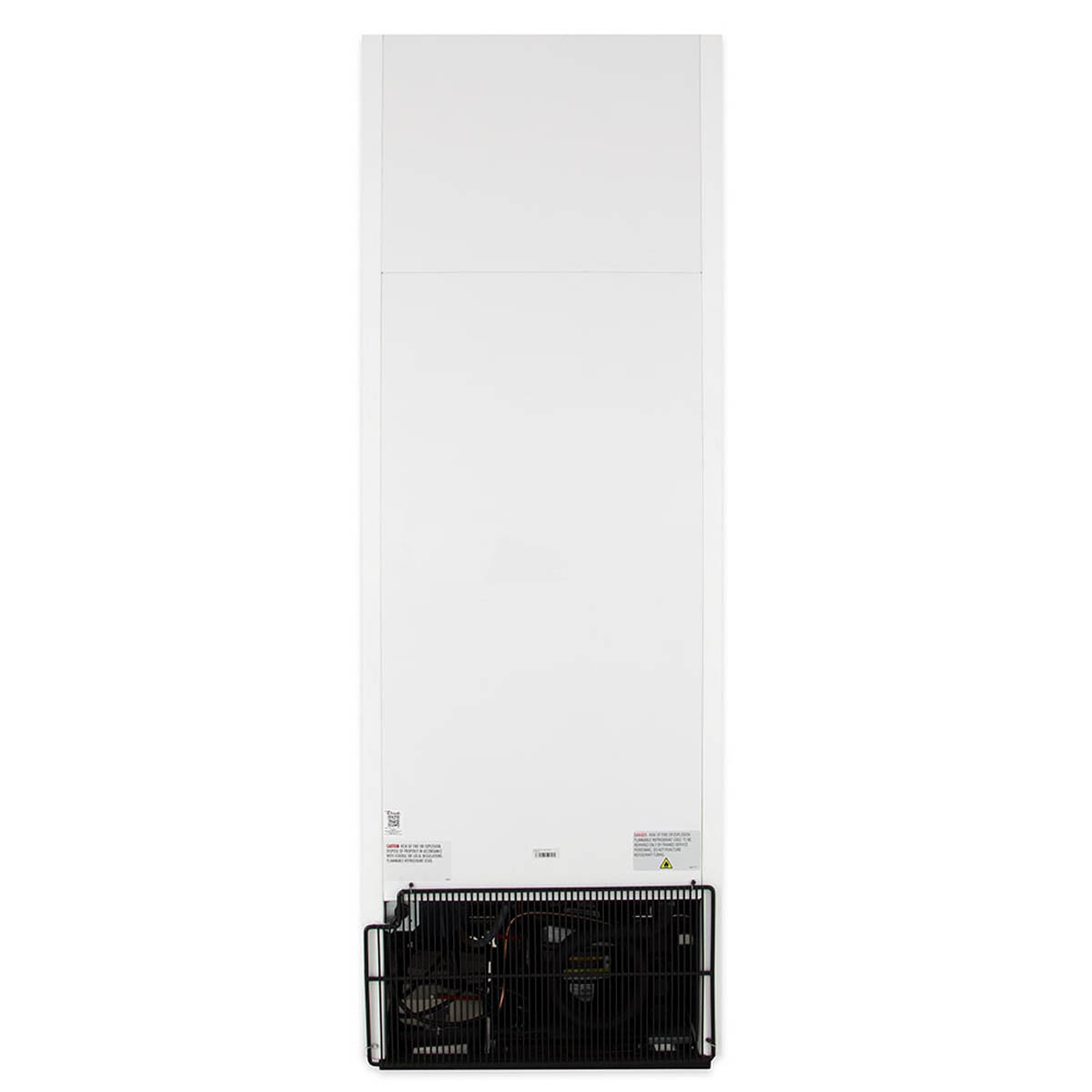 True GDM-23F-HC~TSL01 glass door freezer, white exterior, back view showing the condensing unit