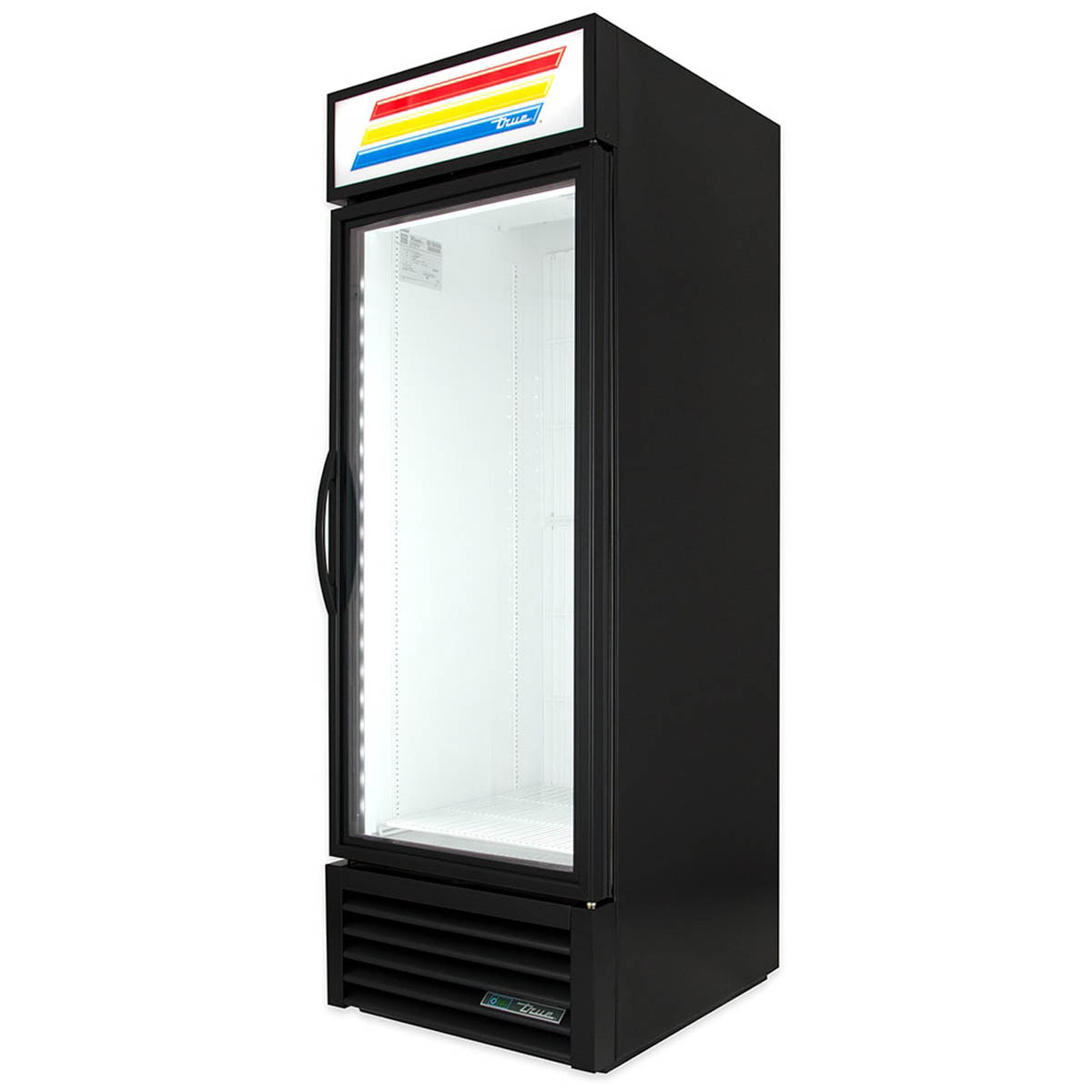 True GDM-23F-HC~TSL01 glass door freezer, black exterior, front angle view, empty