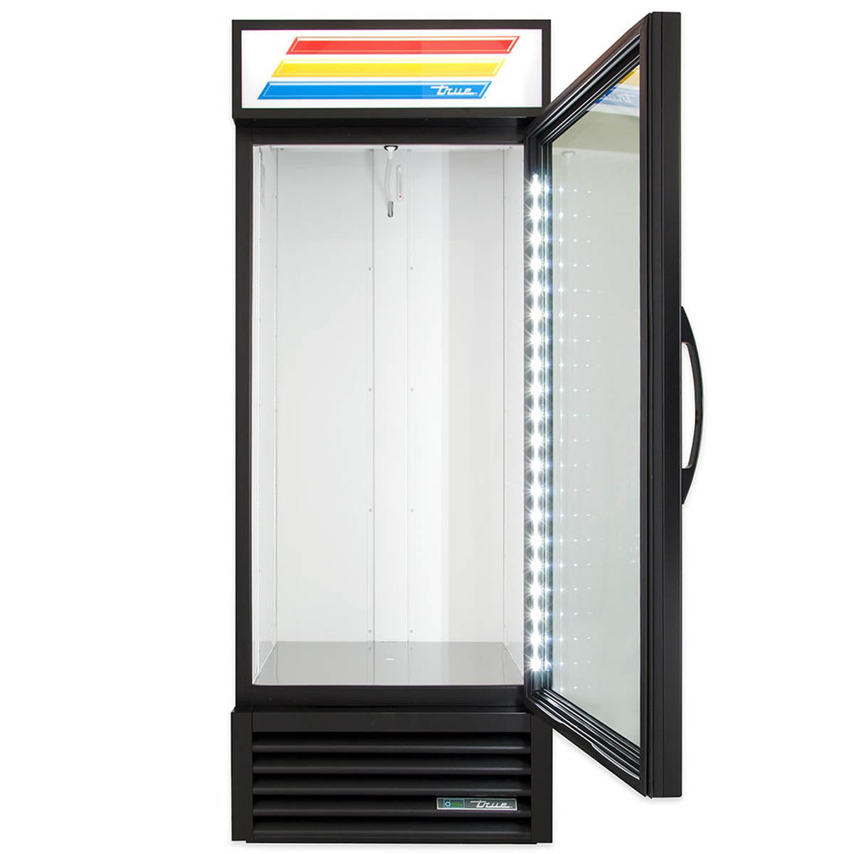 True GDM-26-HC~TSL01 glass door merchandiser, black exterior, door open