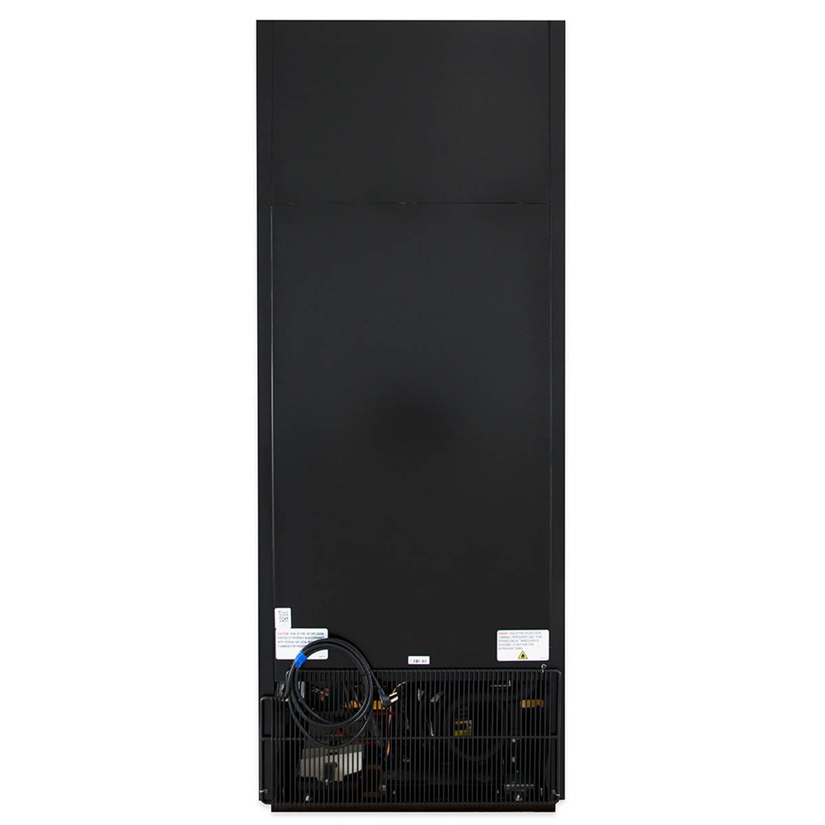 True GDM-26F-HC~TSL01 glass door freezer, black exterior, back view showing the condensing unit