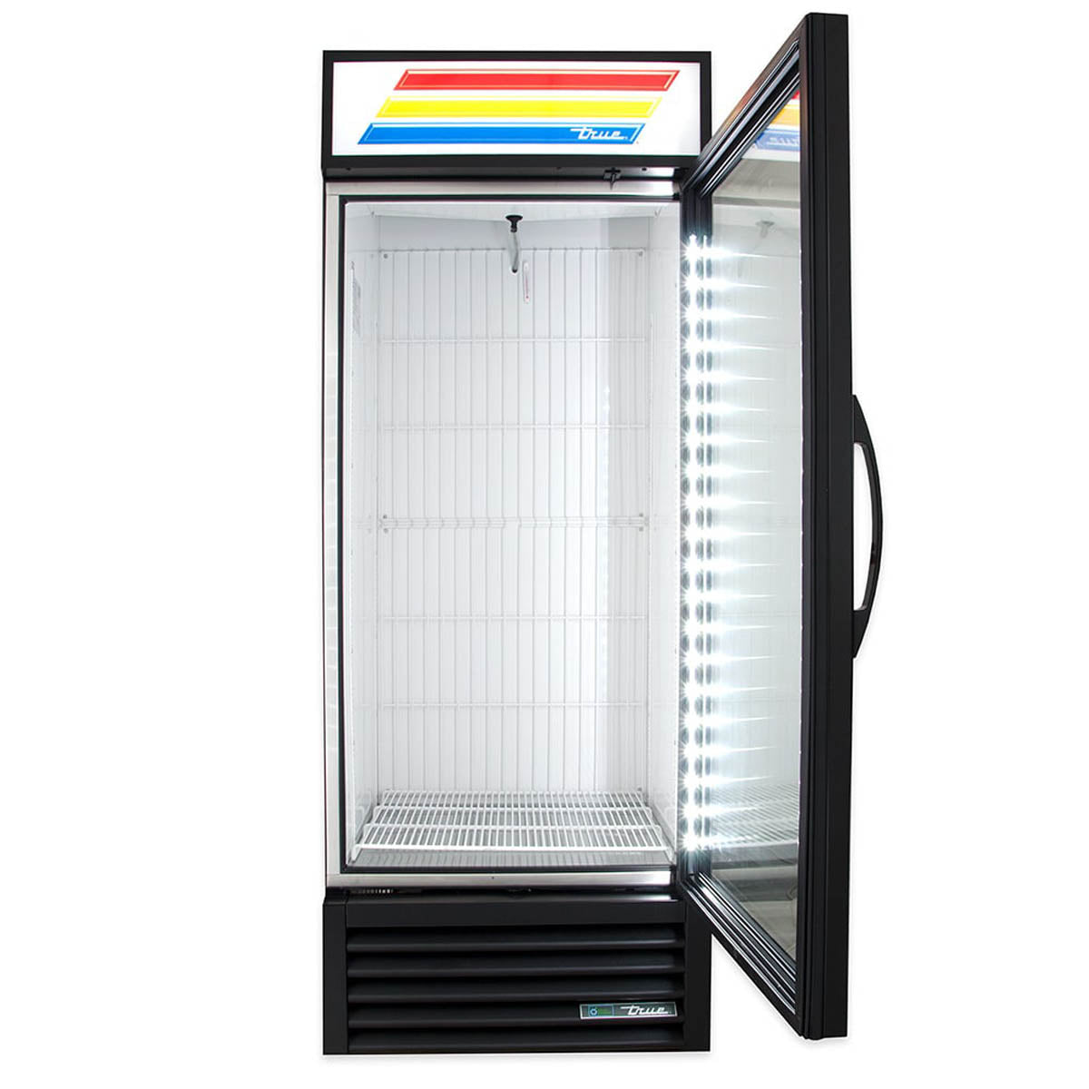 True GDM-26F-HC~TSL01 glass door freezer, black exterior, door open