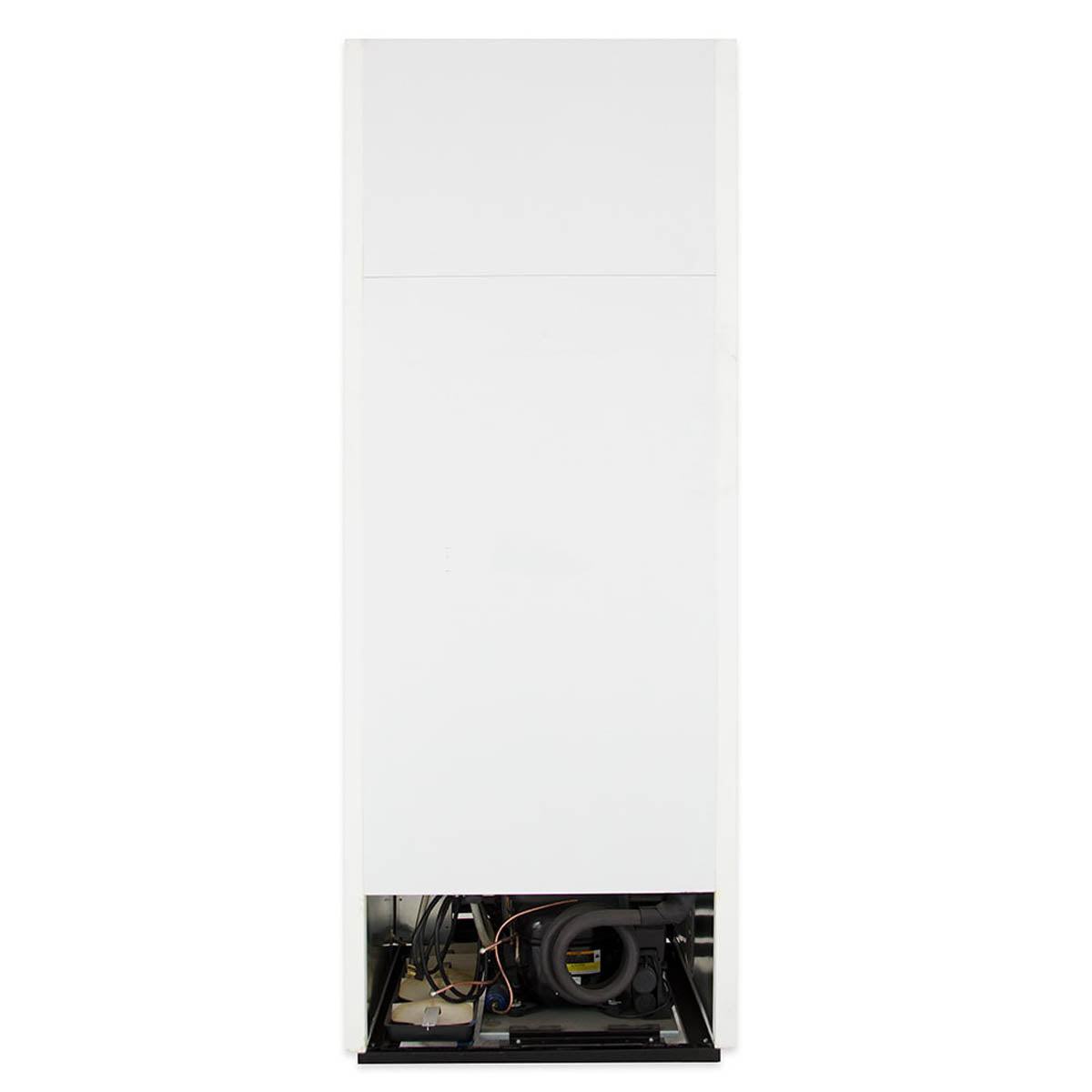 True GDM-26F-HC~TSL01 glass door freezer, white exterior, back view showing the condensing unit
