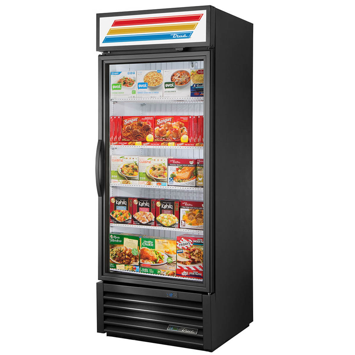True GDM-26F-HST-HC~TSL01 glass door freezer, front angle view, stocked with frozen food