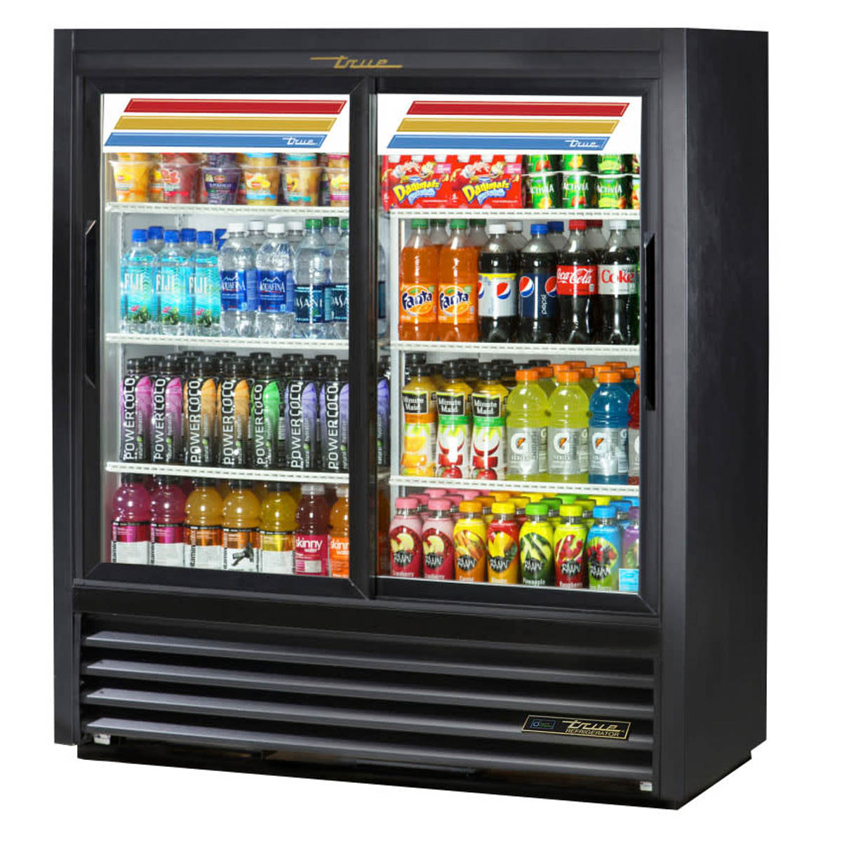 True GDM-41SL-54-HC-LD 2-door glass door merchandiser, front angle view, stocked with drinks