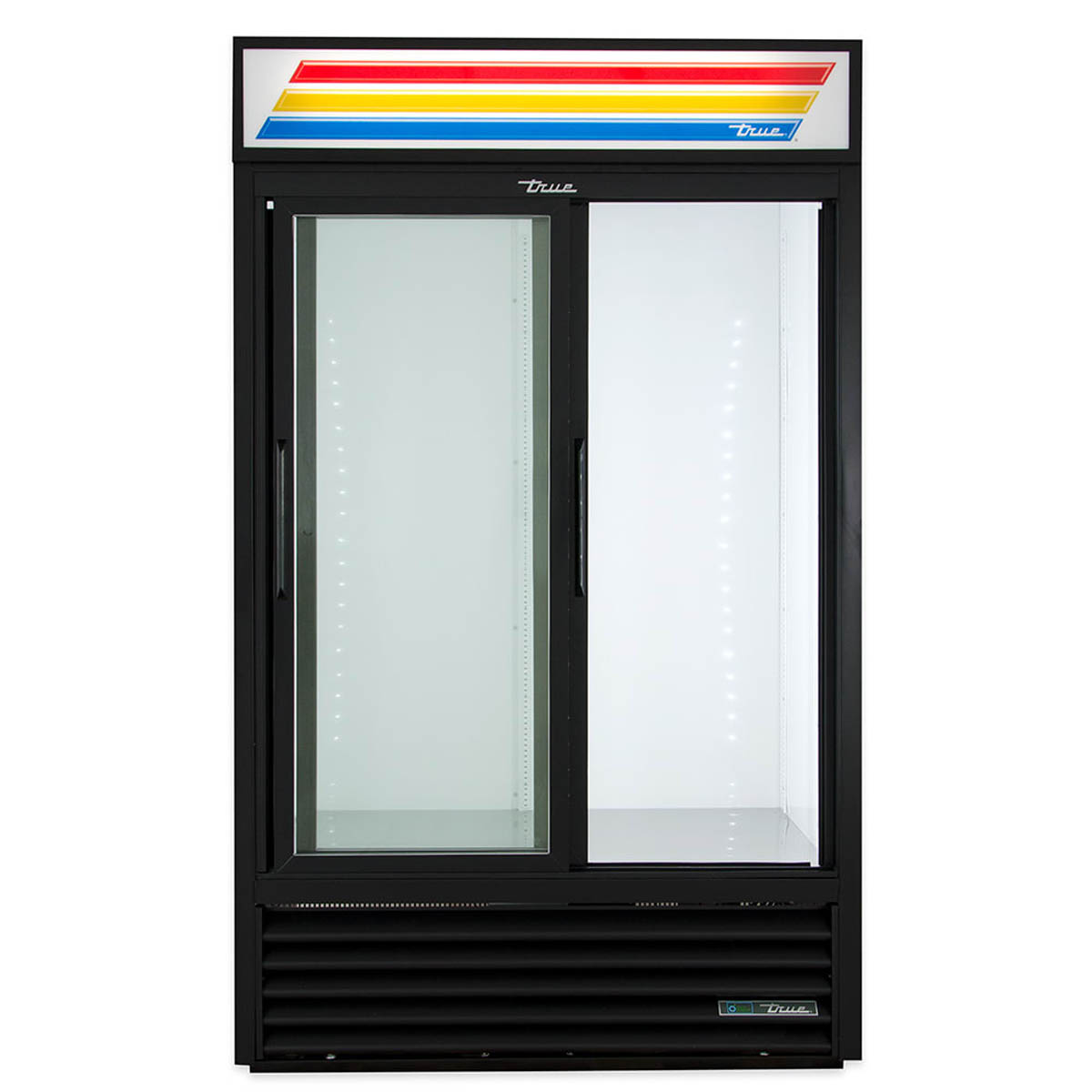 True GDM-41SL-HC-LD 2-door glass door merchandiser, black exterior, front view, empty
