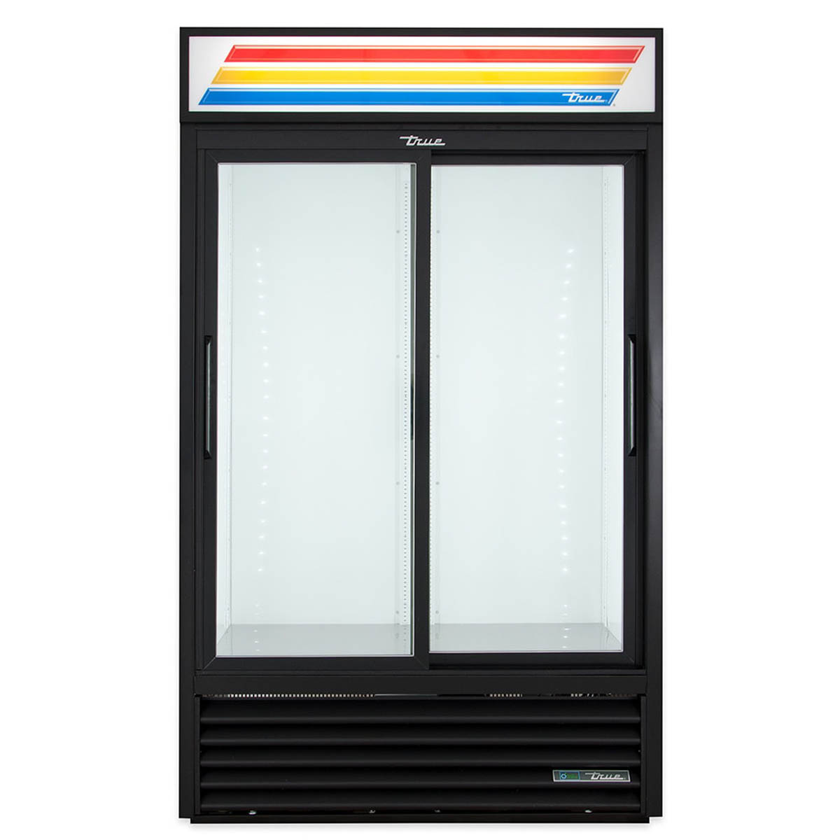 True GDM-41SL-HC-LD 2-door glass door merchandiser, black exterior, front view, empty