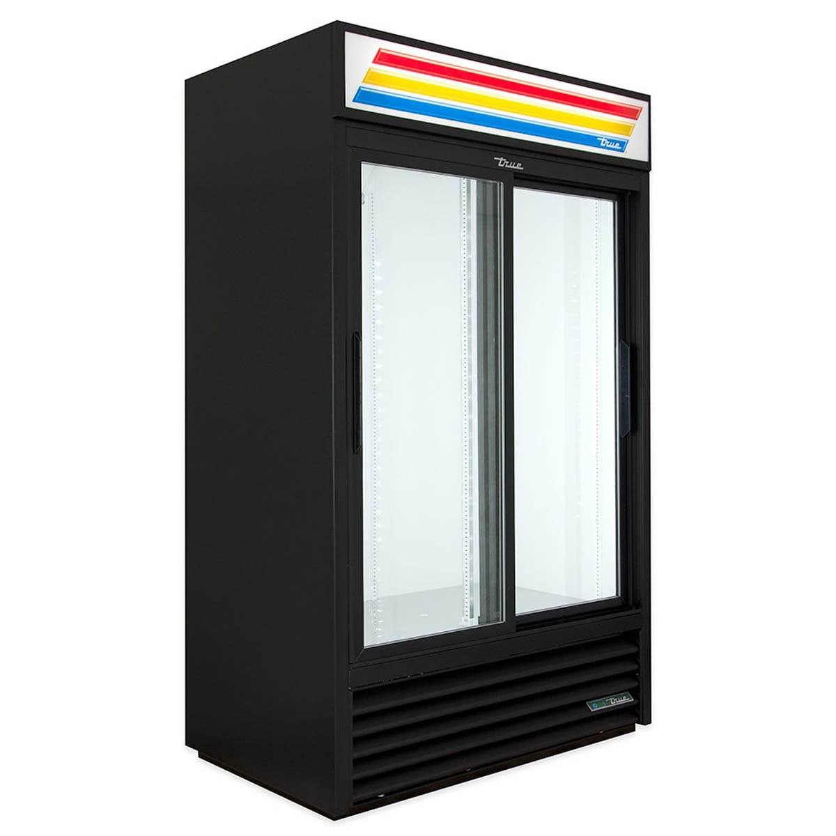 True GDM-41SL-HC-LD 2-door glass door merchandiser, black exterior, front angle view, empty