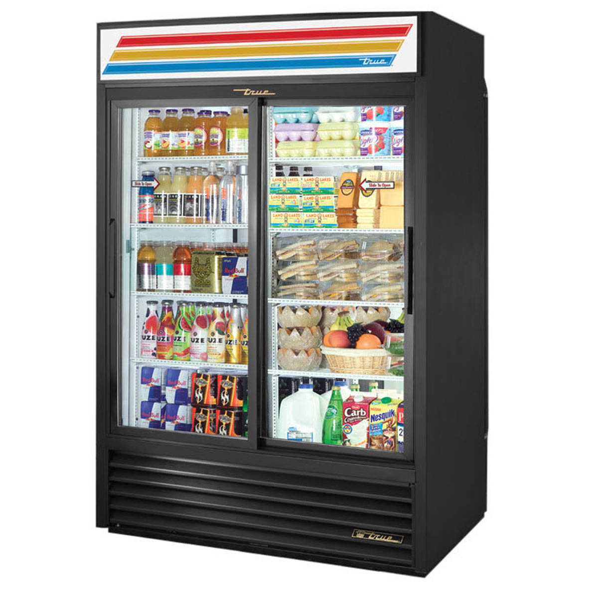 True GDM-47RL-HC-LD 2-door glass door merchandiser, black exterior, front angle view, stocked with product