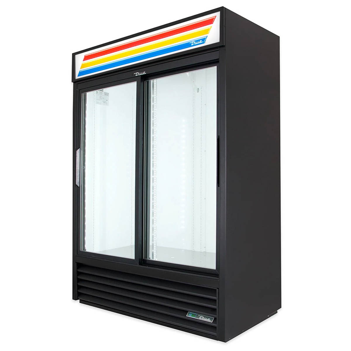 True GDM-47RL-HC-LD 2-door glass door merchandiser, black exterior, front angle view, empty