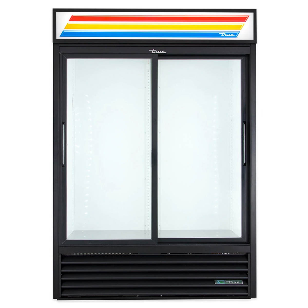 True GDM-47RL-HC-LD 2-door glass door merchandiser, black exterior, front view, empty