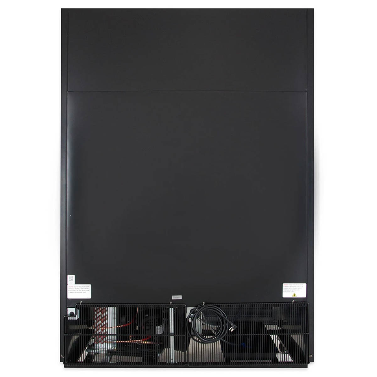 True GDM-47RL-HC-LD 2-door glass door merchandiser, black exterior, back view showing the condensing unit