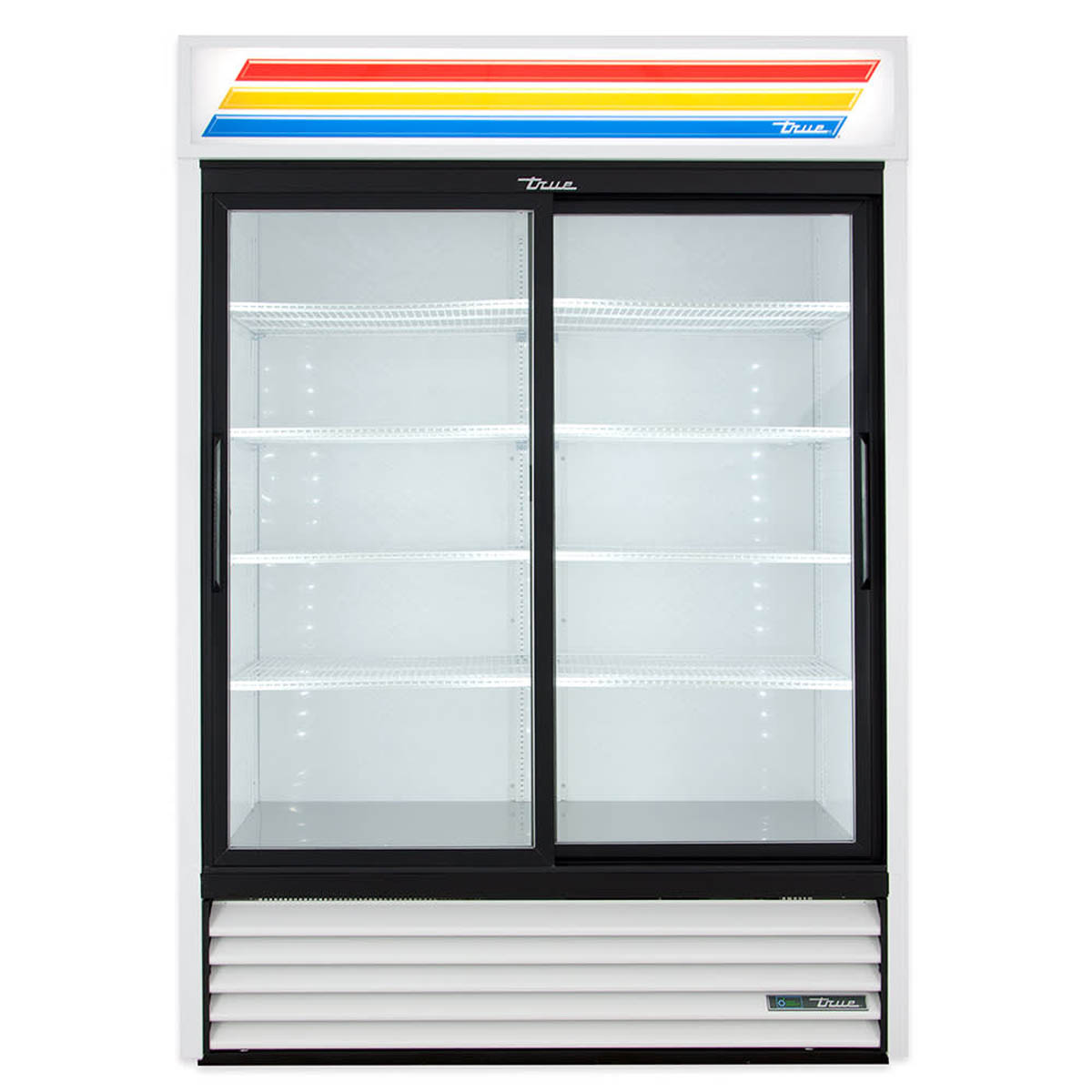 True GDM-47RL-HC-LD 2-door glass door merchandiser, white exterior, front view, empty