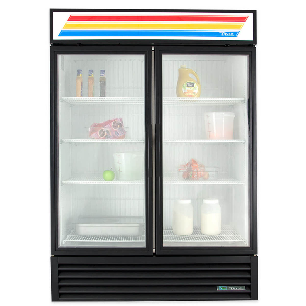 True GDM-49F-HC~TSL01 2-door glass door freezer, black exterior, front view, empty