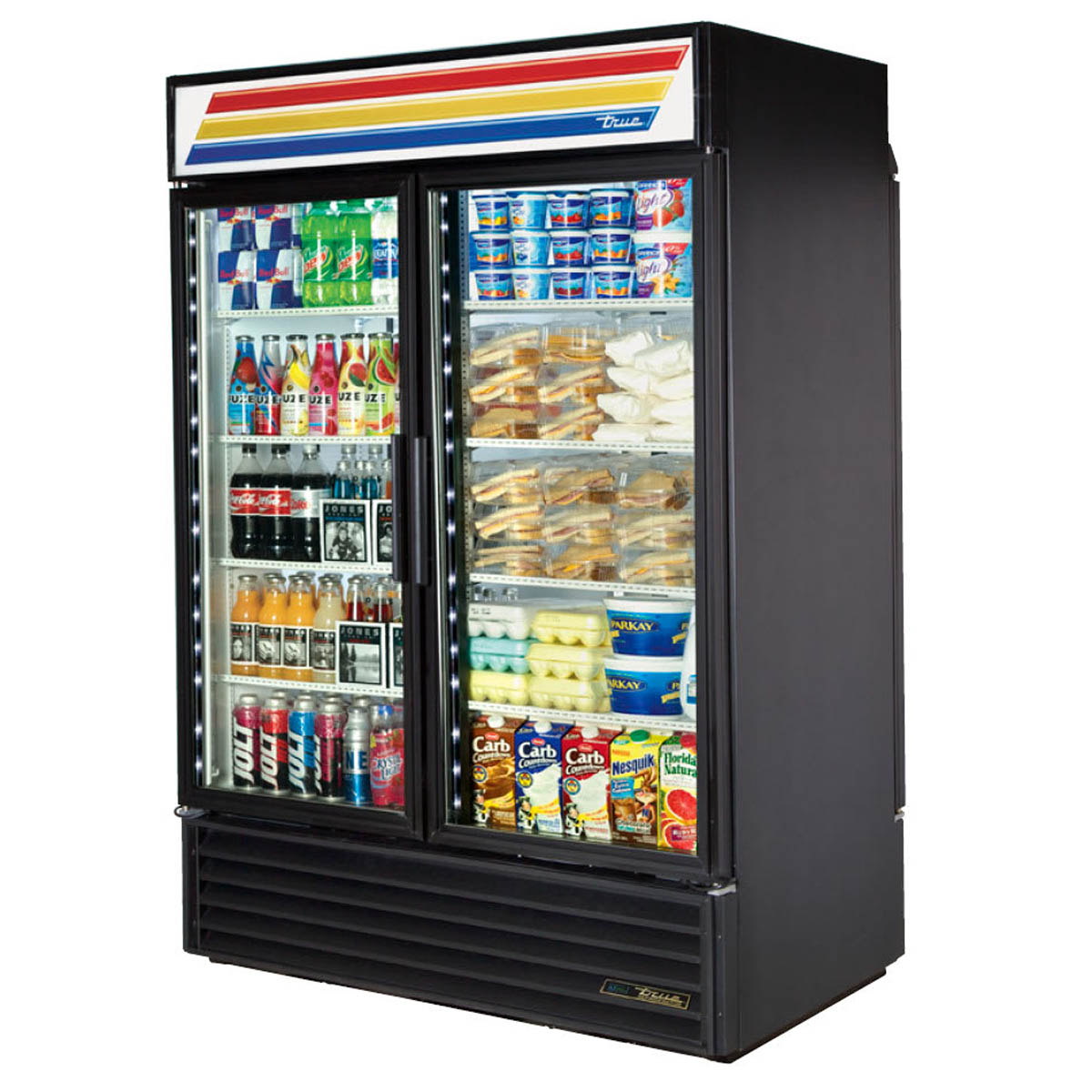 True GDM-49RL-HC~TSL01 2-door glass door merchandiser, black exterior, front angle view, stocked with product