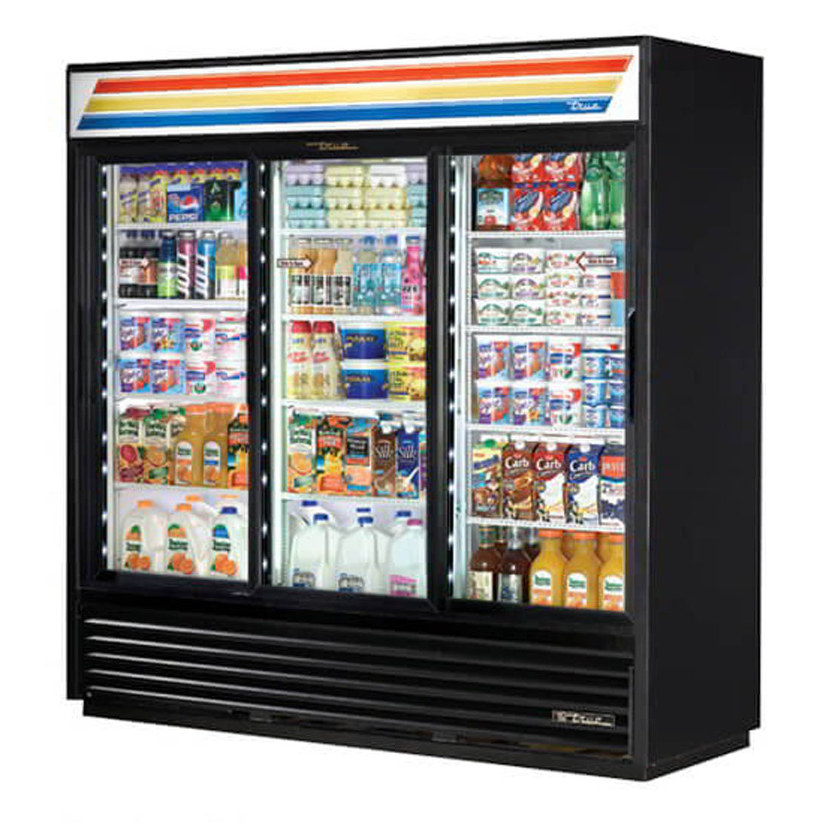 True GDM-69-HC-LD 3-door glass door merchandiser, black exterior, front angle view, stocked with product